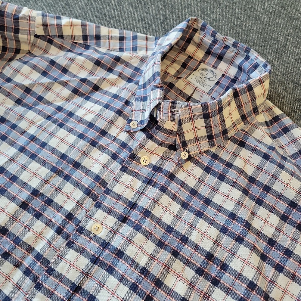 Brooks Brothers Shirt Mens Large Regent Blue White Plaid Button Down Made in USA
